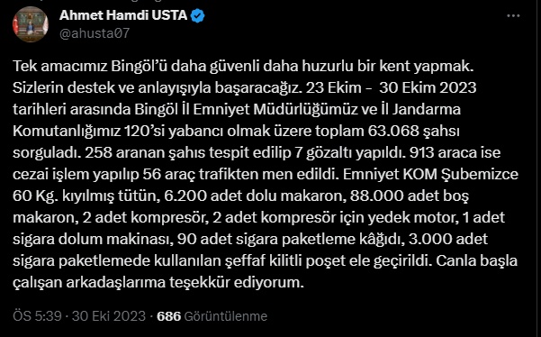 Bingöl Valisi Usta, Son bir haftada 258 Aranan Şahıs Yakalandı