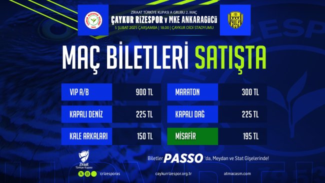 Çaykur Rizespor - MKE Ankaragücü Maç Biletleri Satışa Çıktı!